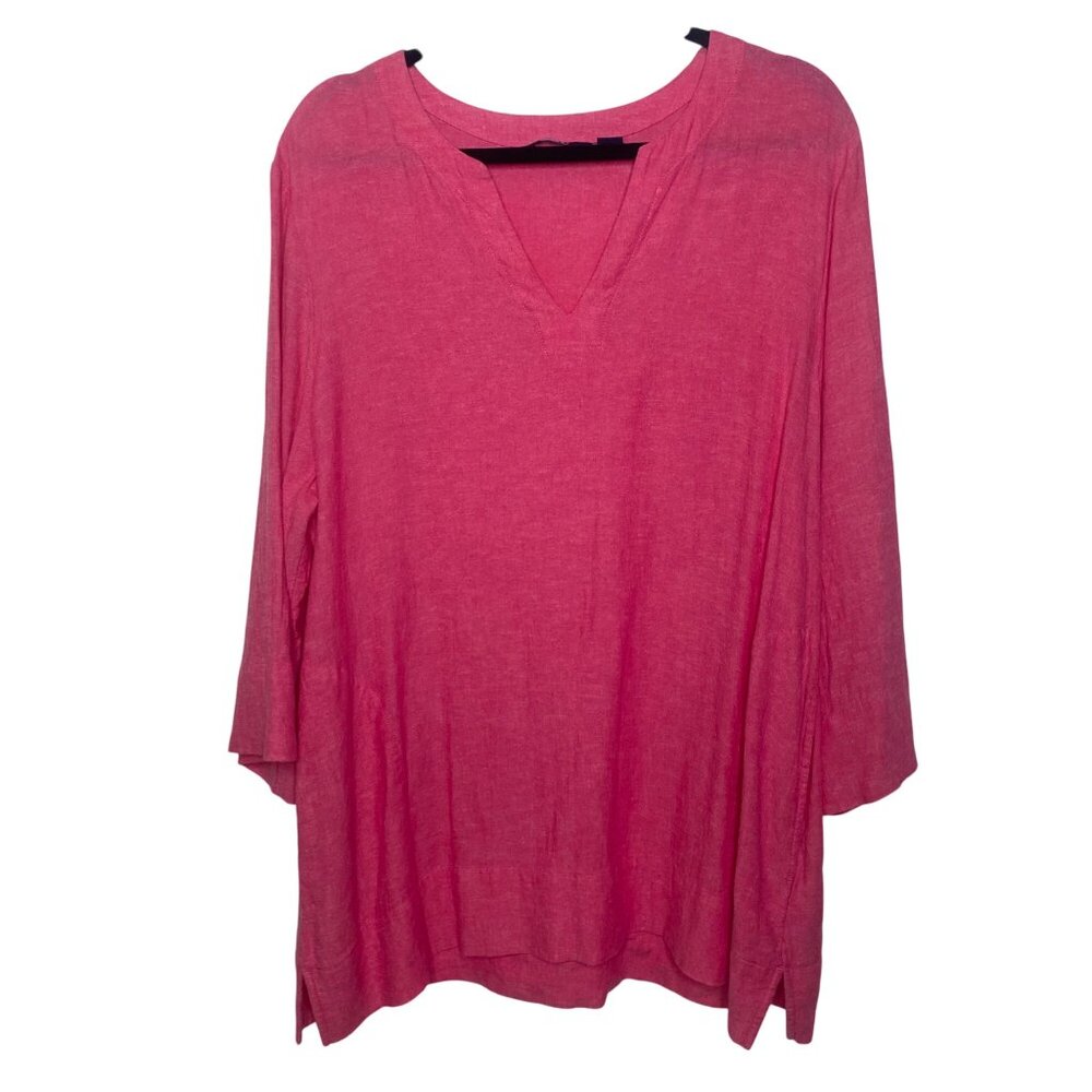 Lands End Linen Blend Tunic Top Womens XL Pink V Neck 3/4 Sleeves Lightweight Be